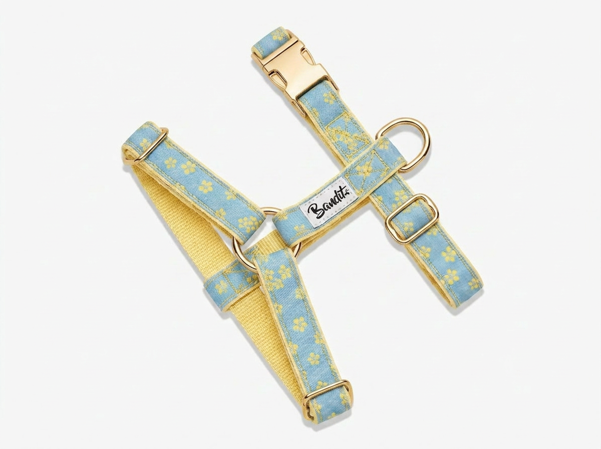 bandit-harnais-pour-chien-jean-fleurs-jaunes-harnais-denim-r-glable image 1