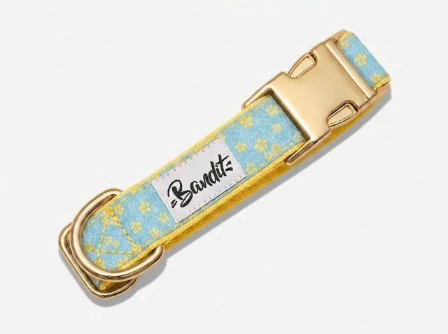bandit-collier-chien-jean-fleurs-jaunes-tissu-petit-chien image 1
